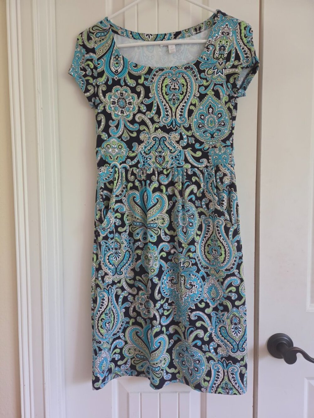 Charter Club Teal Green Black Paisley Dress with Pockets Cap Sleeves NWT Size PP